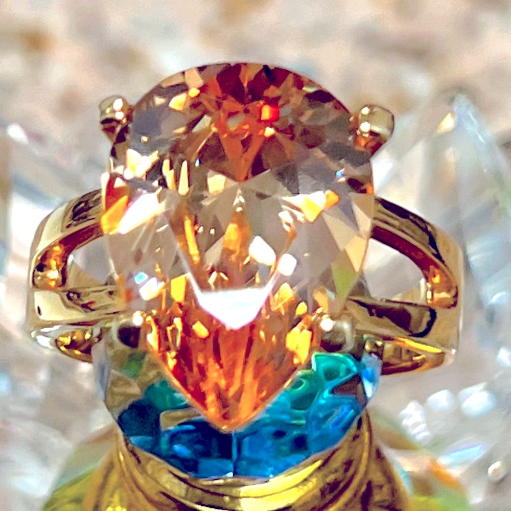 Huge Beautiful Large Yellow Pear Cut CZ Diamond Ring with gold overlay.